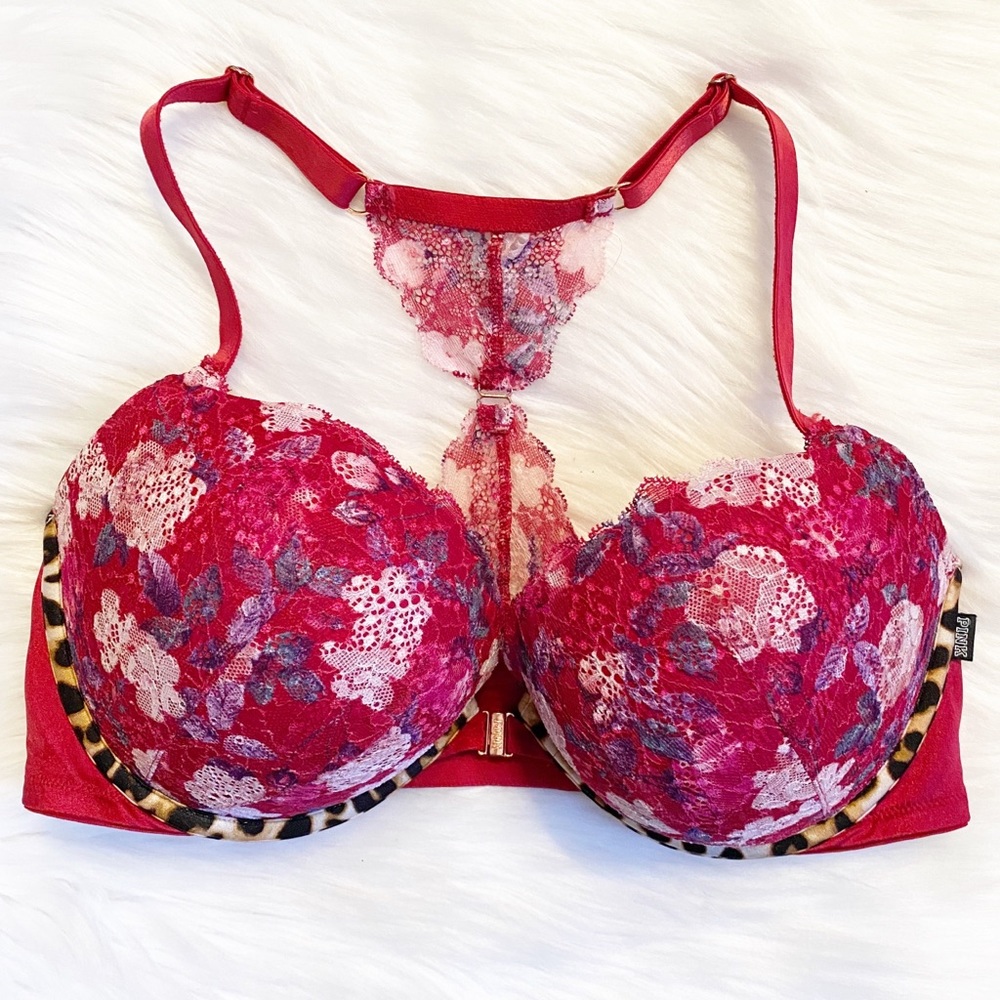 PINK Victoria's Secret Red and Pink Lace Bra